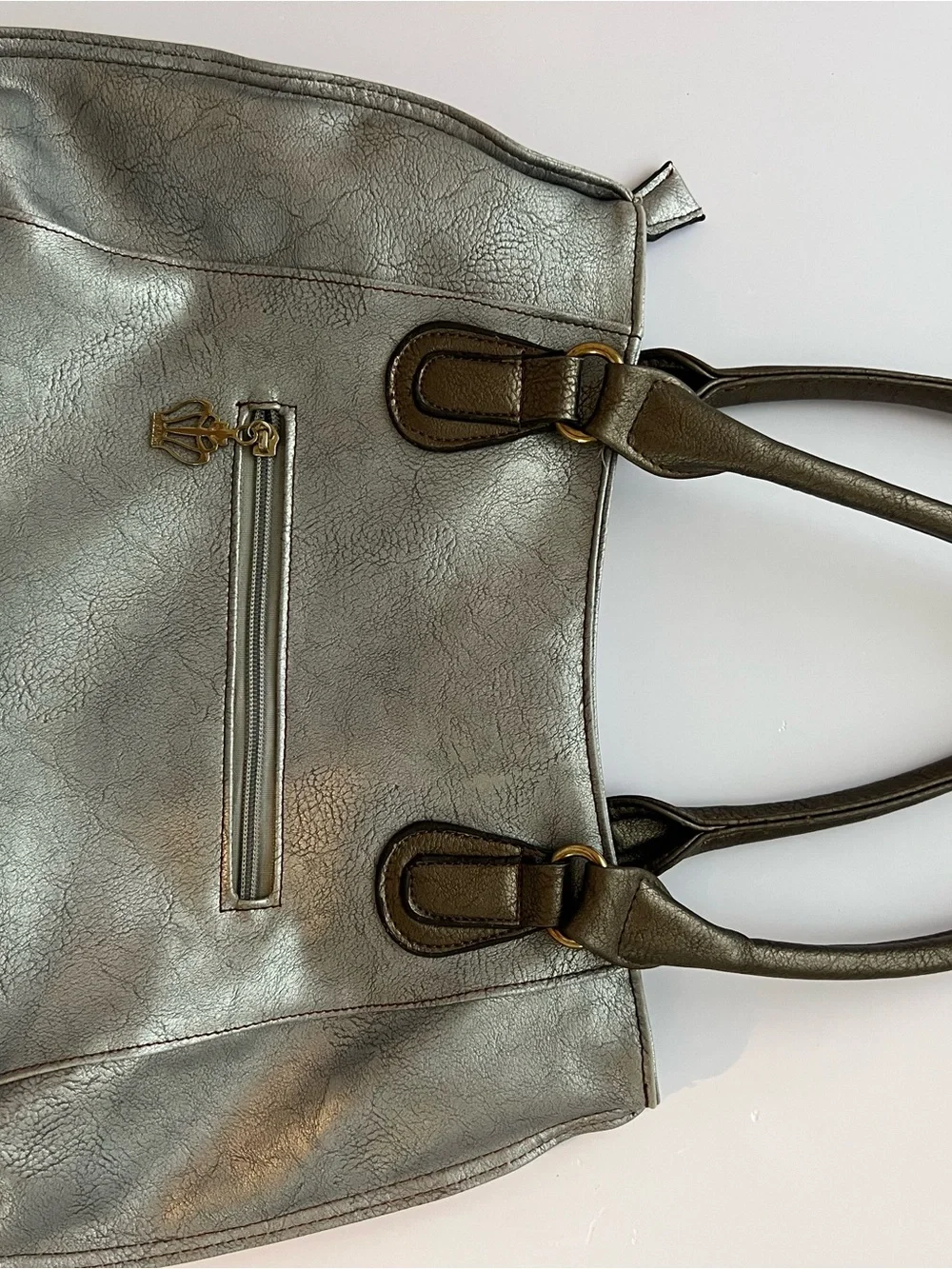 Limelight Metallic Silver Tote Bag, Brown Trim, Braided Detail & Floral Lining - Picture 11 of 16